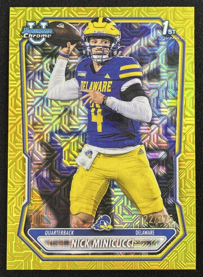 Nick Minicucci 2026 Bowman Chrome Prospects Yellow Mojo Refractor /275 Blue Hens - Front