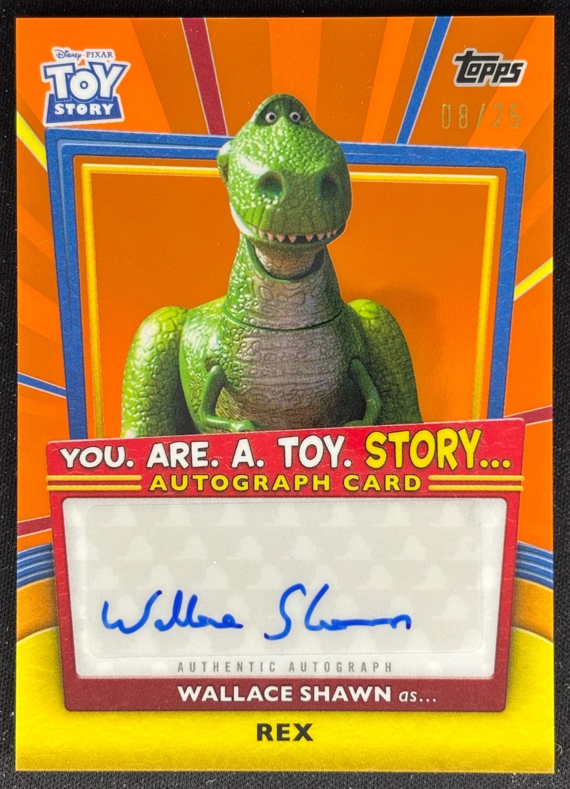 Wallace Shawn as Rex 2025 Pixar Crystal 30 Years of Toy Story You. Are. A. Toy. Story... Auto Orange Refractor /25 Sports Trading Cards