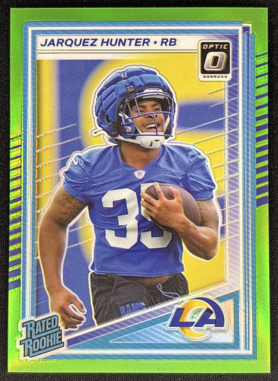 Jarquez Hunter 2025 Panini Donruss Optic Rated Rookie Neon Green Prizm /199 Rams Front