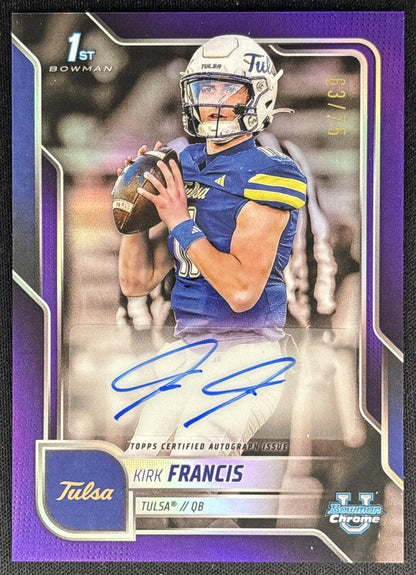 Kirk Francis 2025 Chrome University Prospect Auto Purple Refractor /75 Golden Hurricanes front