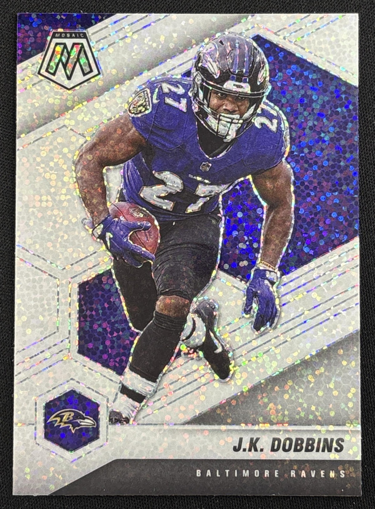 J.K. Dobbins 2021 Panini Mosaic White Sparkle Prizm SSP Ravens sports trading card front