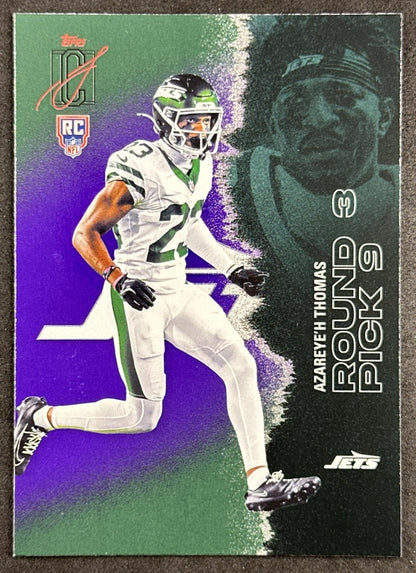 Azareye'h Thomas 2025 Topps Signature Class Rookie Green & Purple Foil Jets front sports trading card