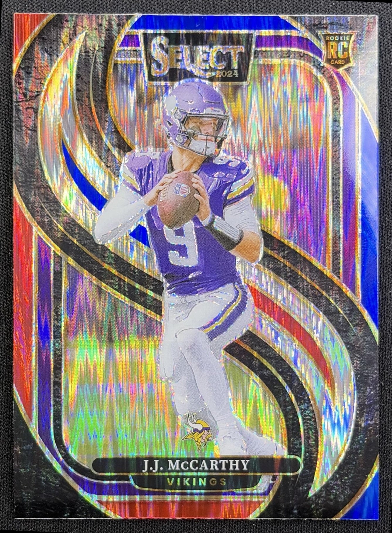 J.J. McCarthy 2024 Panini Select Premier Red and Blue Prizm Shock Vikings