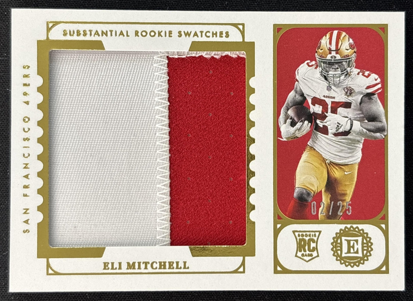Eli Mitchell 2021 Panini Encased Substantial Rookie Swatches Gold /25 49ers Front
