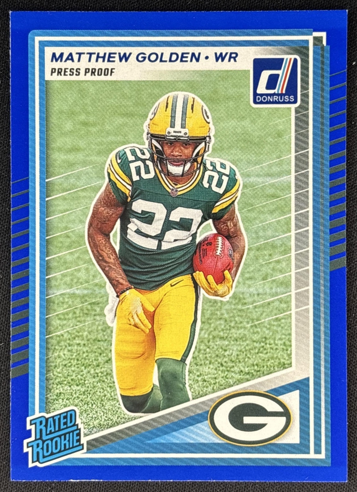 Matthew Golden 2025 Panini Donruss Rated Rookie Press Proof Blue Packers front