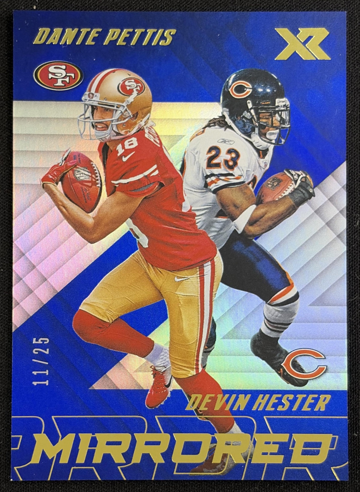 Dante Pettis Devin Hester 2018 Panini XR Mirrored Blue /25 49ers Bears Sports Trading Card