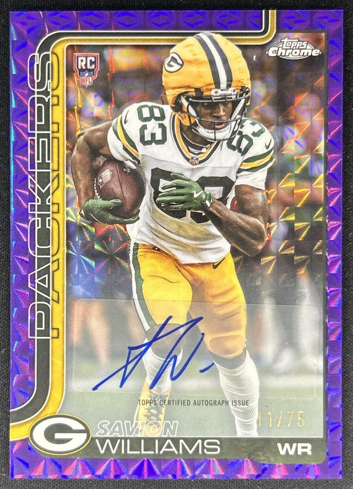 Savion Williams 2025 Chrome Rookie Auto Purple Geometric Refractor /75 Packers front
