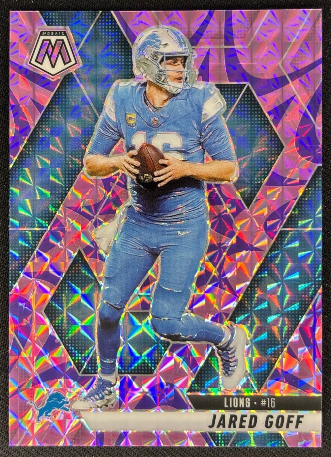 Jared Goff 2025 Mosaic Reactive Purple Prizm Lions front sports trading card