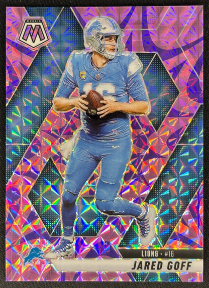 Jared Goff 2025 Mosaic Reactive Purple Prizm Lions front sports trading card