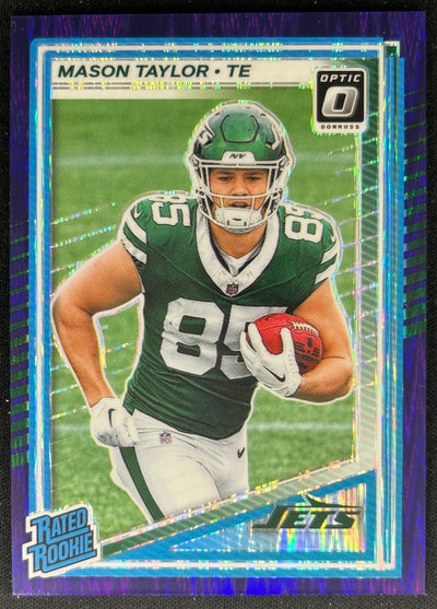Mason Taylor 2025 Panini Donruss Optic Rated Rookie Purple Shock Prizm Jets Sports Trading Cards