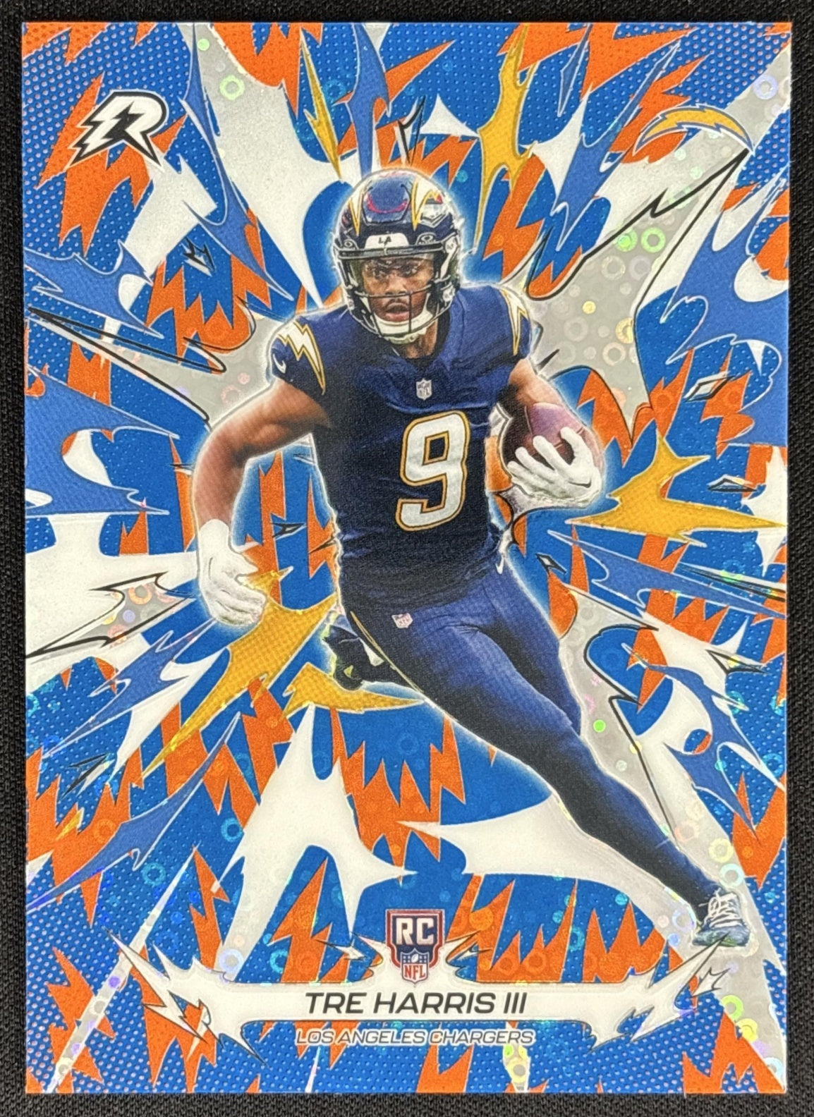 Tre Harris III 2025 Topps Resurgence Blue and Orange Spark Refractor Chargers