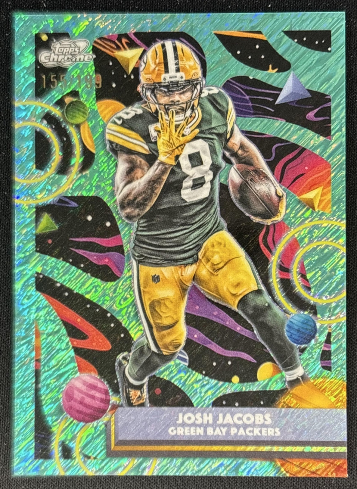 Josh Jacobs 2025 Topps Cosmic Chrome Aqua Equinox Refractor /199 Packers front