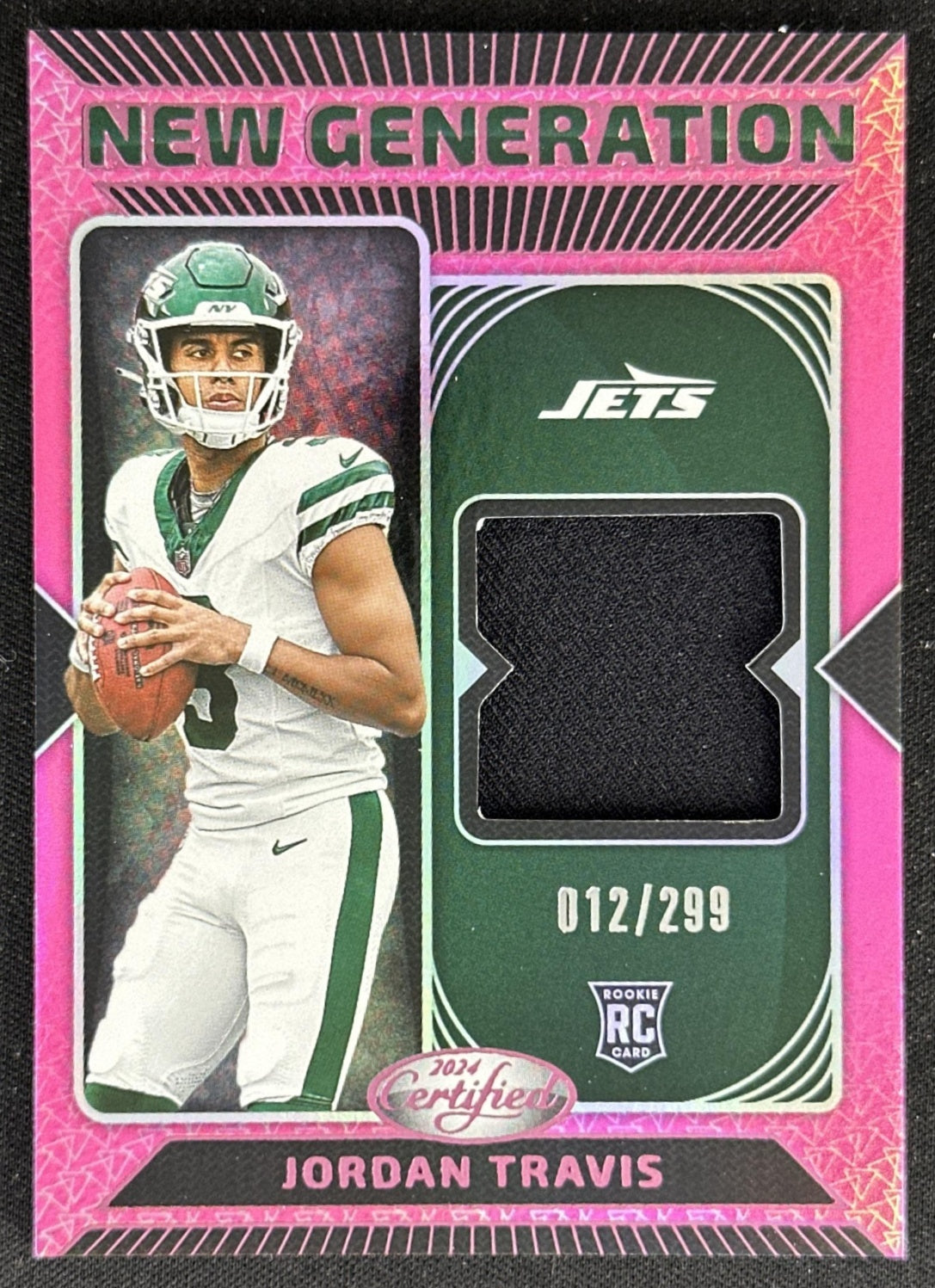 Jordan Travis 2024 Panini Certified New Generation Jerseys Mirror Pink /299 Jets