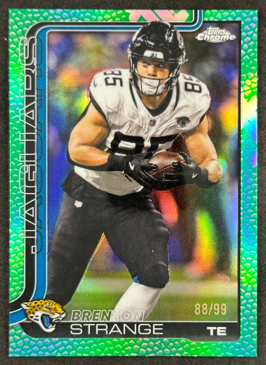 Brenton Strange 2025 Topps Chrome Football Leather Green Refractor /99 Jaguars