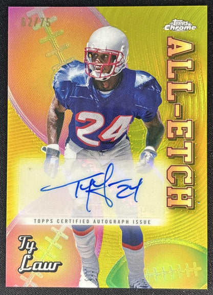 Ty Law 2024 Topps Chrome All-Etch Auto Yellow Refractor /75 Patriots
