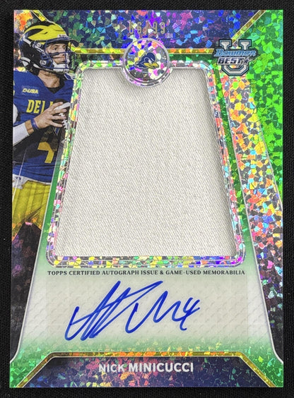 Nick Minicucci 2026 Bowman U Best Prospect Relic Auto Green Mini-Diamond Refractor /99 Blue Hens front