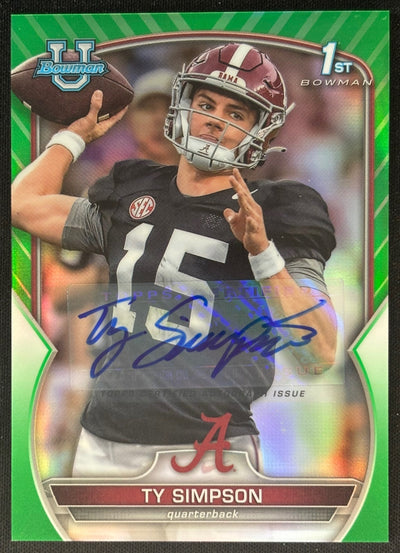 *Minor Damage* Ty Simpson 2022 University Chrome Prospect Auto Green Refractor /99 Crimson Tide Rams Sports Trading Cards