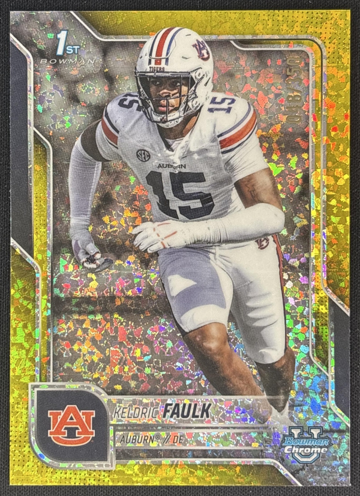 Keldric Faulk 2025 Chrome University Prospects Yellow Mini-Diamond Refractor /350 Tigers front