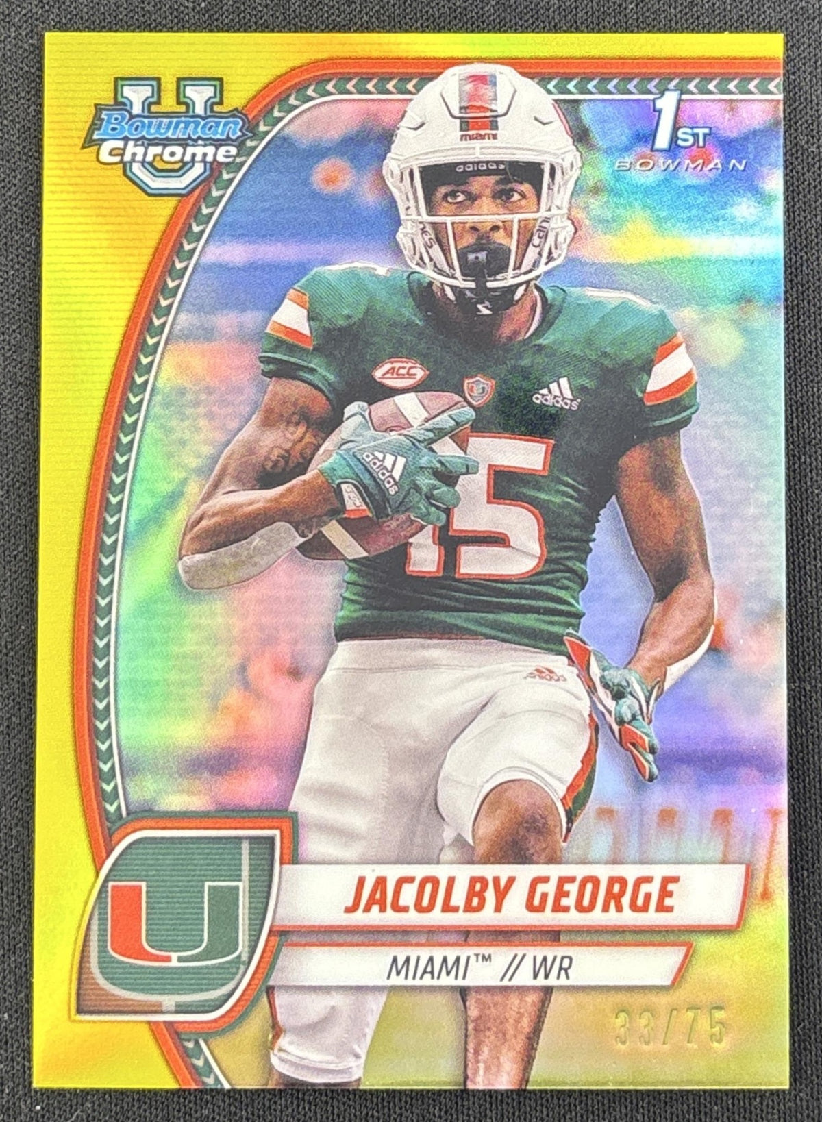 Jacolby George 2024 Bowman Chrome University Yellow Refractor /75 Hurricanes