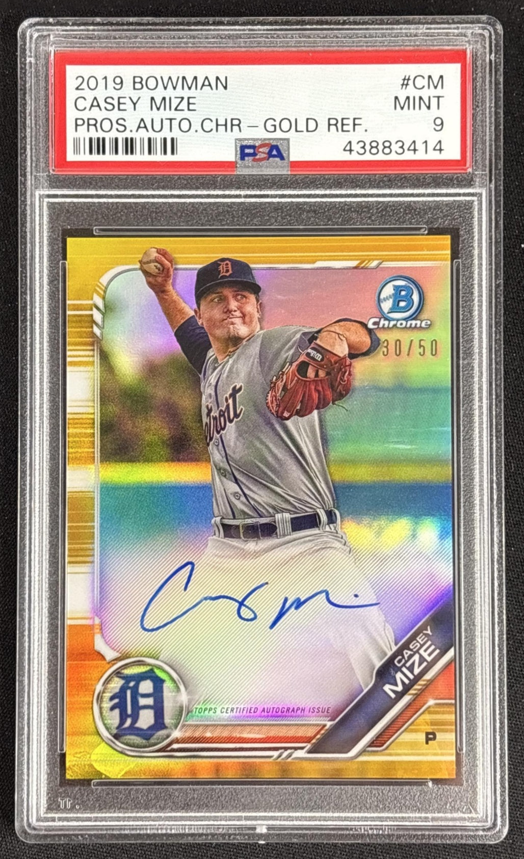 Casey Mize 2019 Bowman Chrome Prospect Auto Gold Refractor /50 PSA 9 front