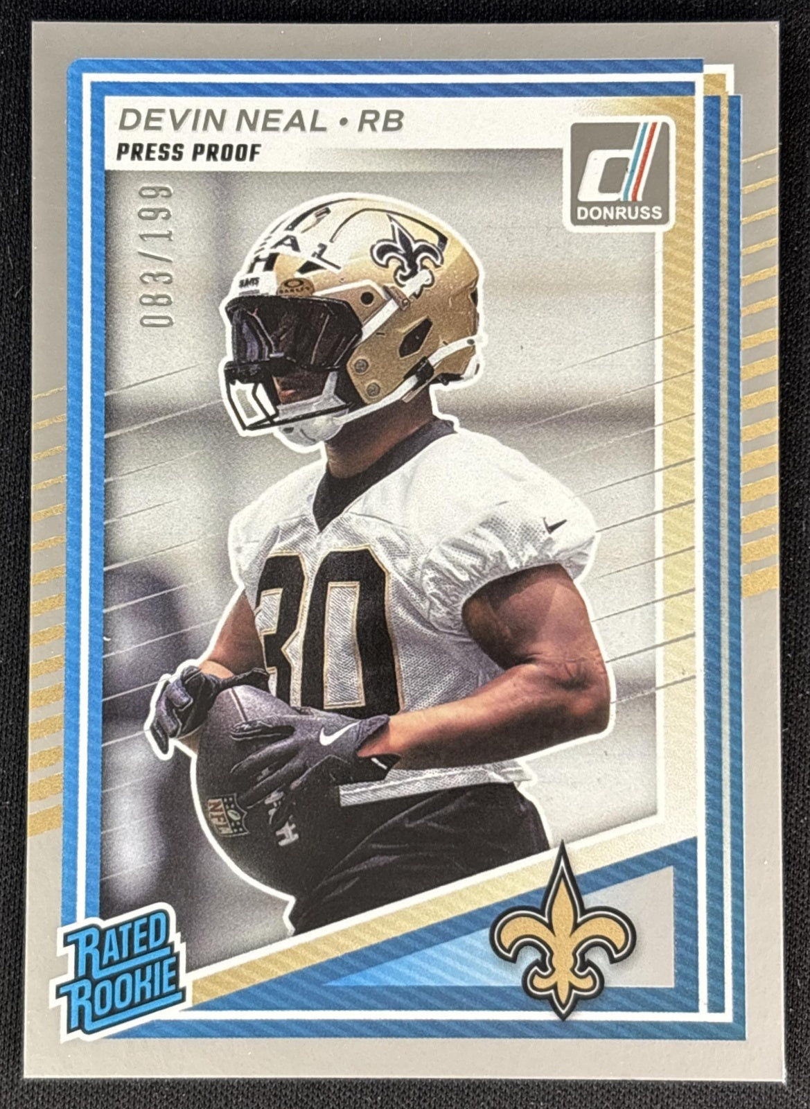 Devin Neal 2025 Panini Donruss Rated Rookie Press Proof Silver /199 Saints Front