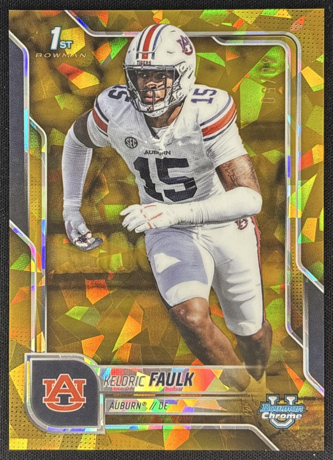 Keldric Faulk 2025 Chrome University Sapphire Prospect Gold Refractor /50 Tigers Sports Trading Cards