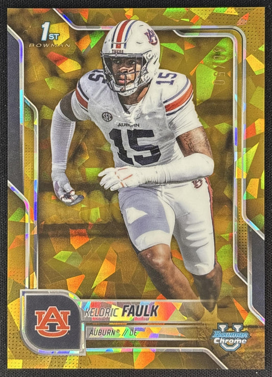 Keldric Faulk 2025 Chrome University Sapphire Prospect Gold Refractor /50 Tigers front