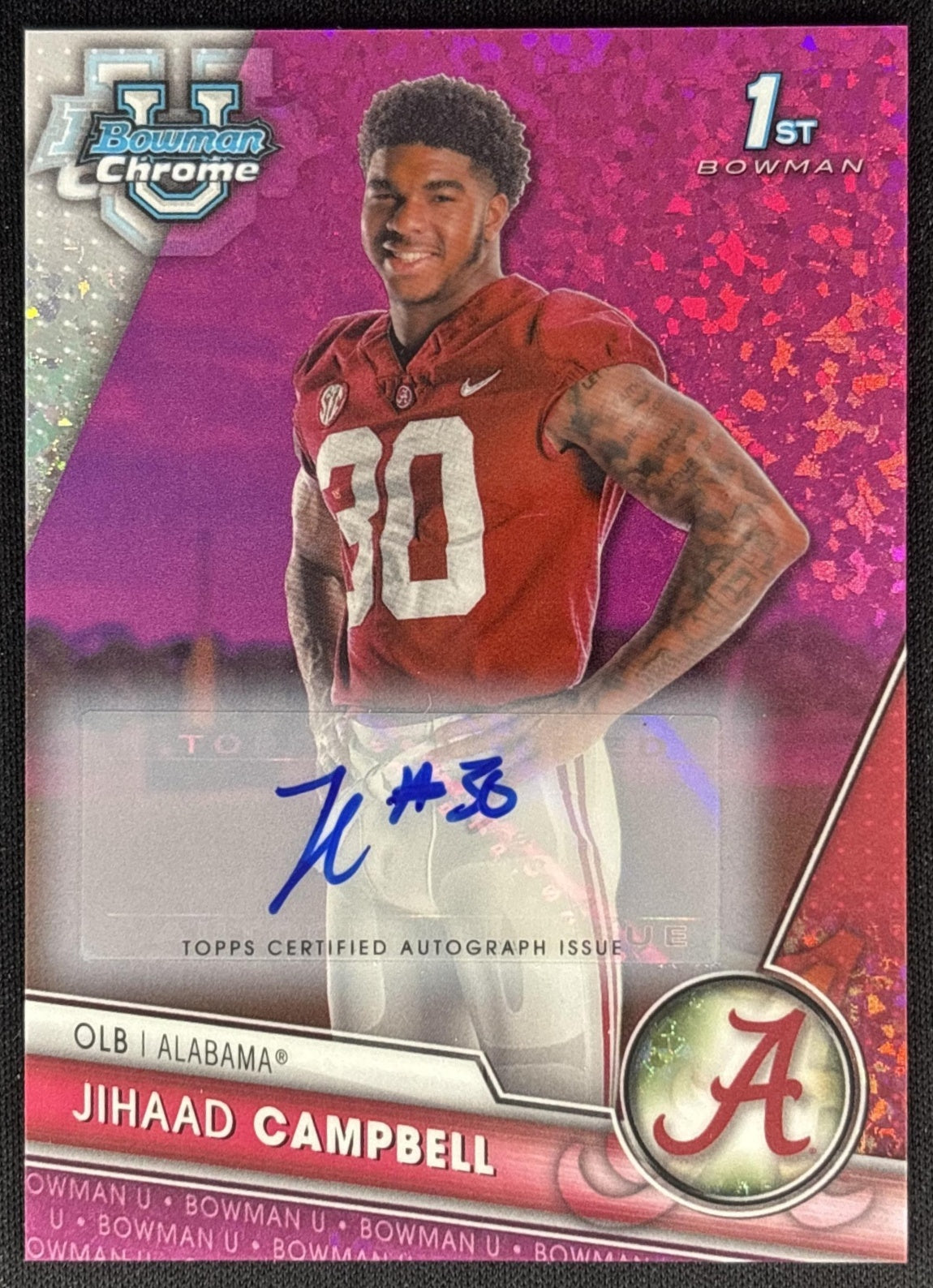 Jihaad Campbell 2023 University Chrome Prospect Auto Fuschia Mini Diamond Refractor /150 Crimson Tide front