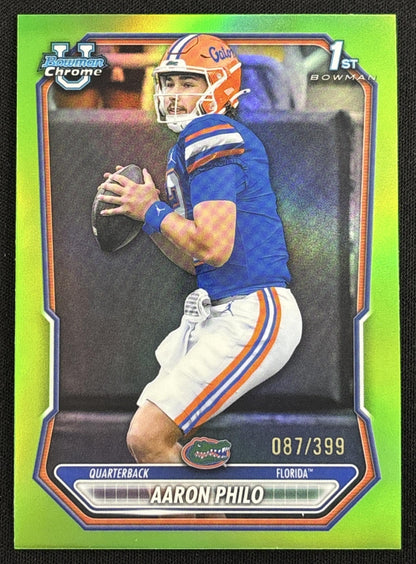 Aaron Philo 2026 Bowman Chrome Prospects Neon Green Refractor /399 Gators Sports Trading Card