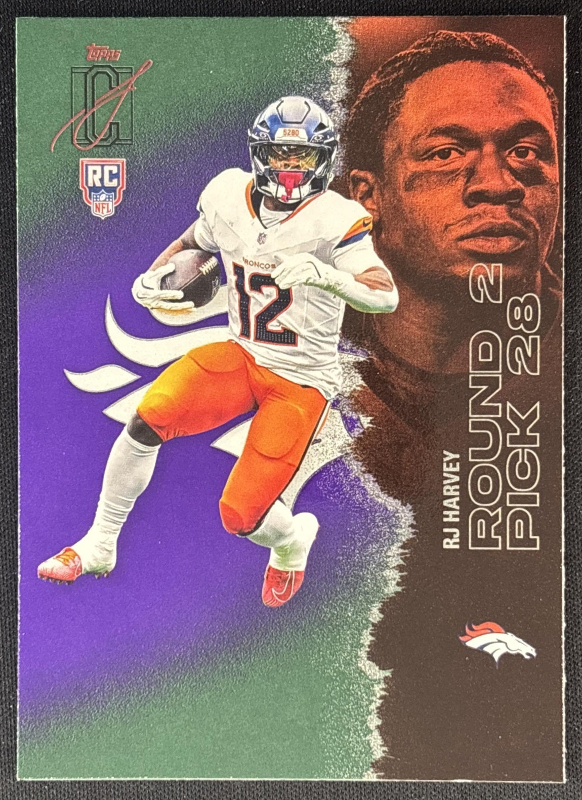 RJ Harvey 2025 Topps Signature Class Rookie Green & Purple Foil Broncos front