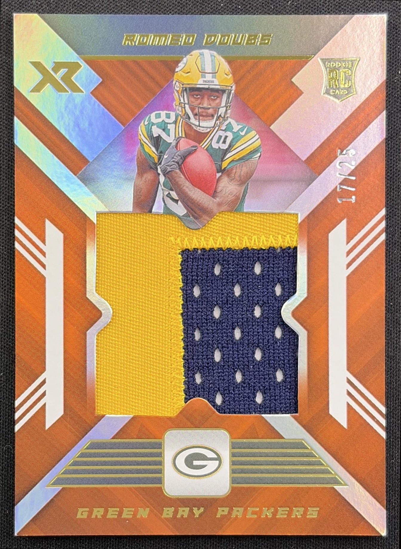 Romeo Doubs 2022 Panini XR X Ray Swatches Orange /25 Packers