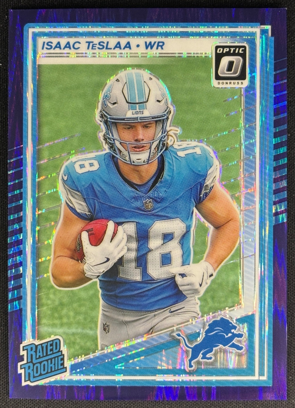 Isaac TeSlaa 2025 Donruss Optic Rated Rookie Purple Shock Prizm Lions Sports Trading Cards