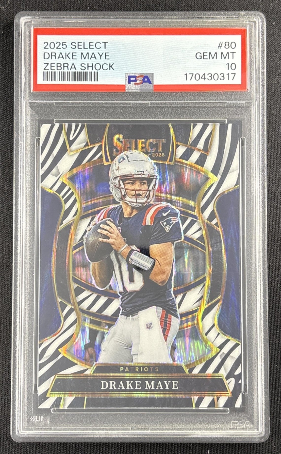 Drake Maye 2025 Panini Select Concourse Zebra Prizm Shock PSA 10 Patriots Sports Trading Card