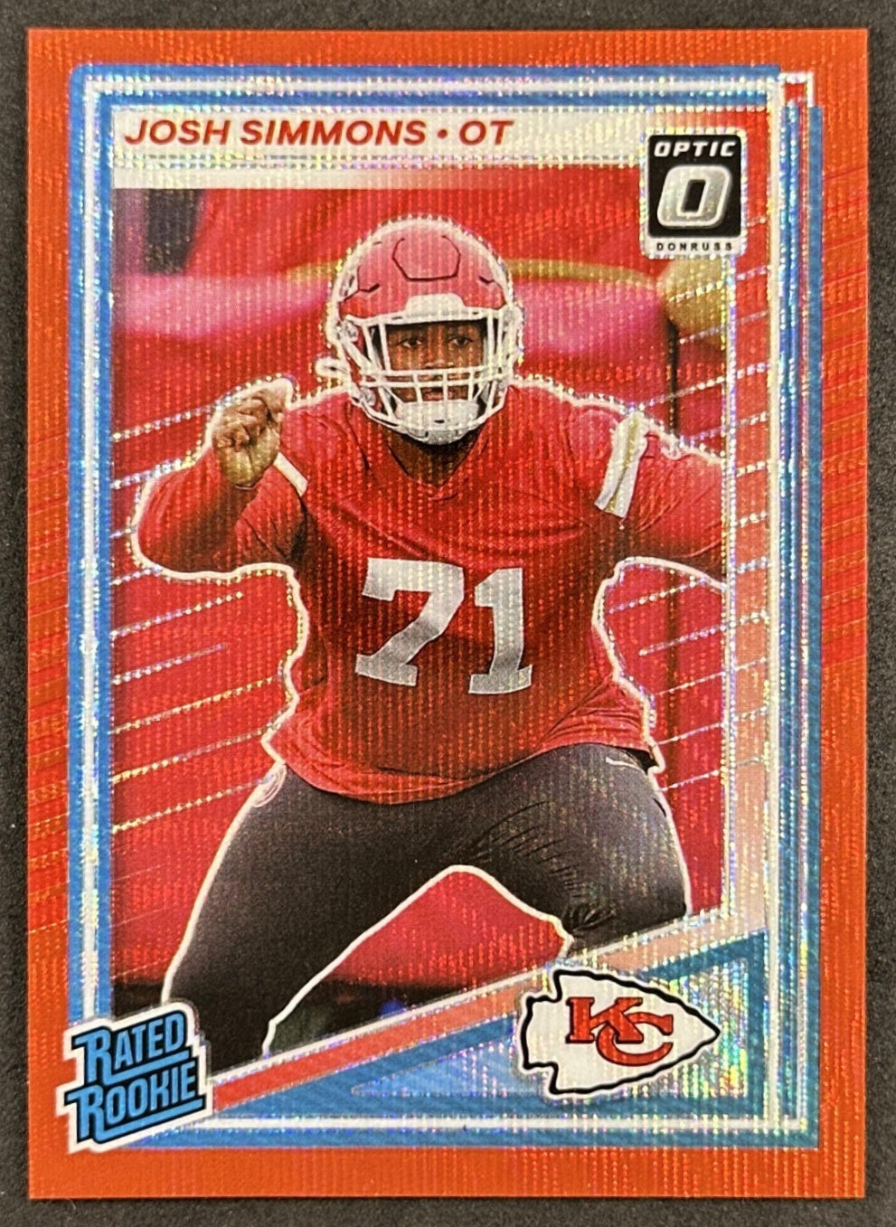 Josh Simmons 2025 Panini Donruss Optic Rated Rookie Preview Red Wave Chiefs front sports trading card