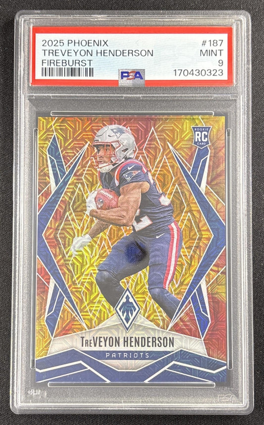 TreVeyon Henderson 2025 Panini Phoenix Fire Burst Prizm /350 PSA 9 Patriots 170430323