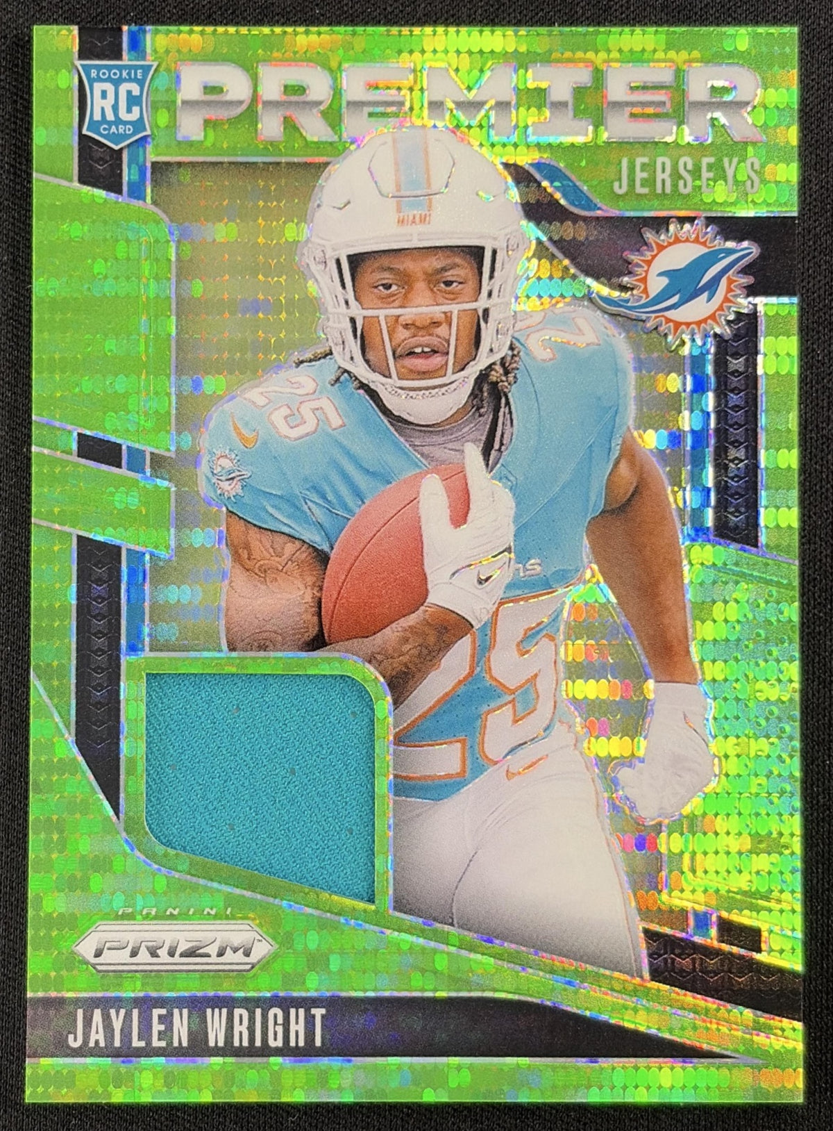 Jaylen Wright 2024 Panini Prizm Premier Jerseys Neon Green Pulsar Dolphins