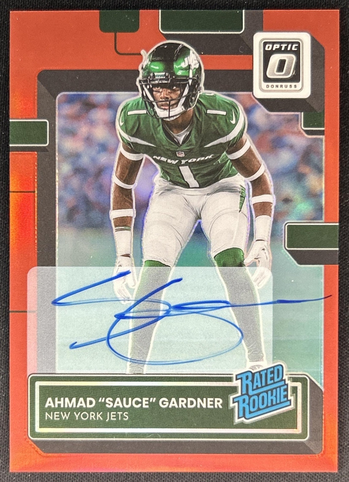 Ahmad "Sauce" Gardner 2022 Donruss Optic Rated Rookie RPS Auto Red /75 Jets Front