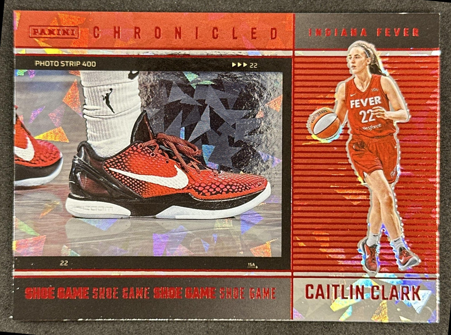 Caitlin Clark 2025 Panini Chronicled Shoe Game Red Cracked Ice Fever 73 Indiana Fever