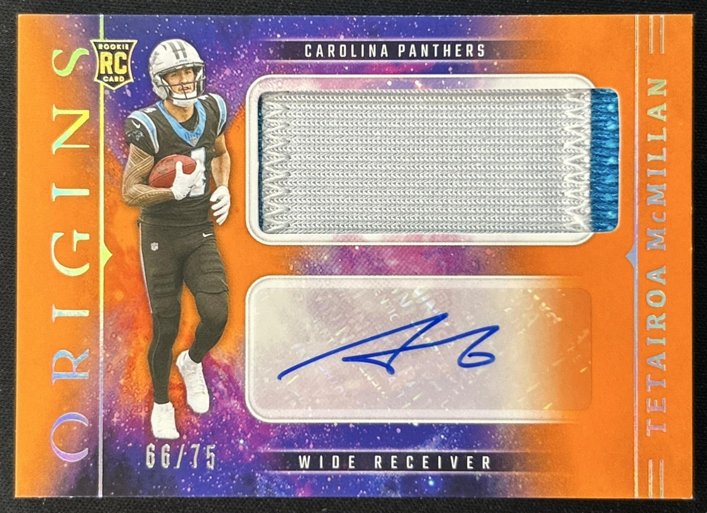 Tetairoa McMillan 2025 Origins Rookie Jumbo Jersey Auto Orange /75 Panthers front