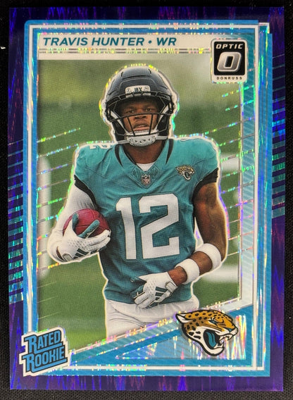 Travis Hunter 2025 Donruss Optic Rated Rookie Purple Shock Prizm Jaguars Sports Trading Cards