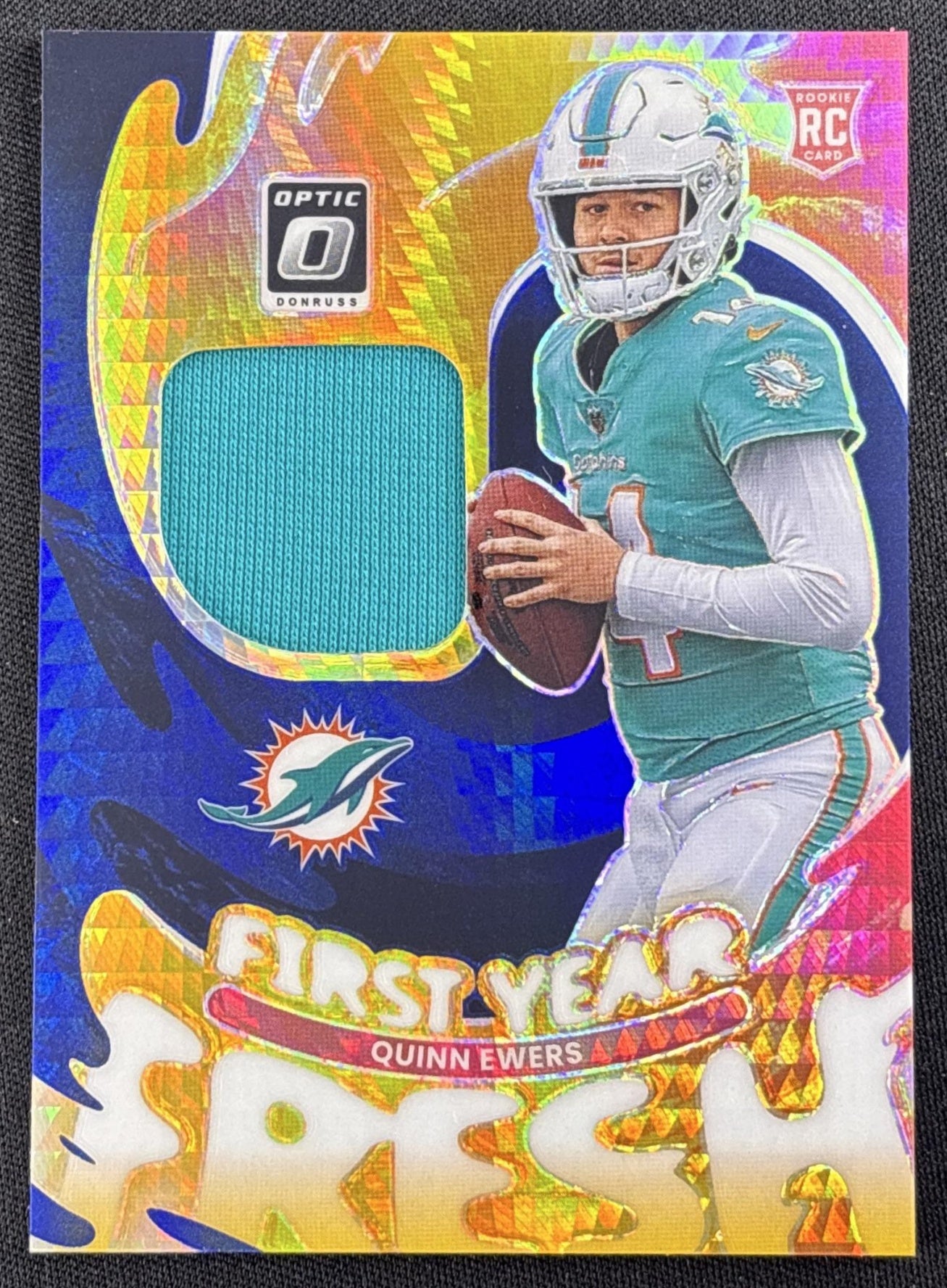Quinn Ewers 2025 Panini Donruss Optic First Year Fresh Blue Hyper Prizm Dolphins