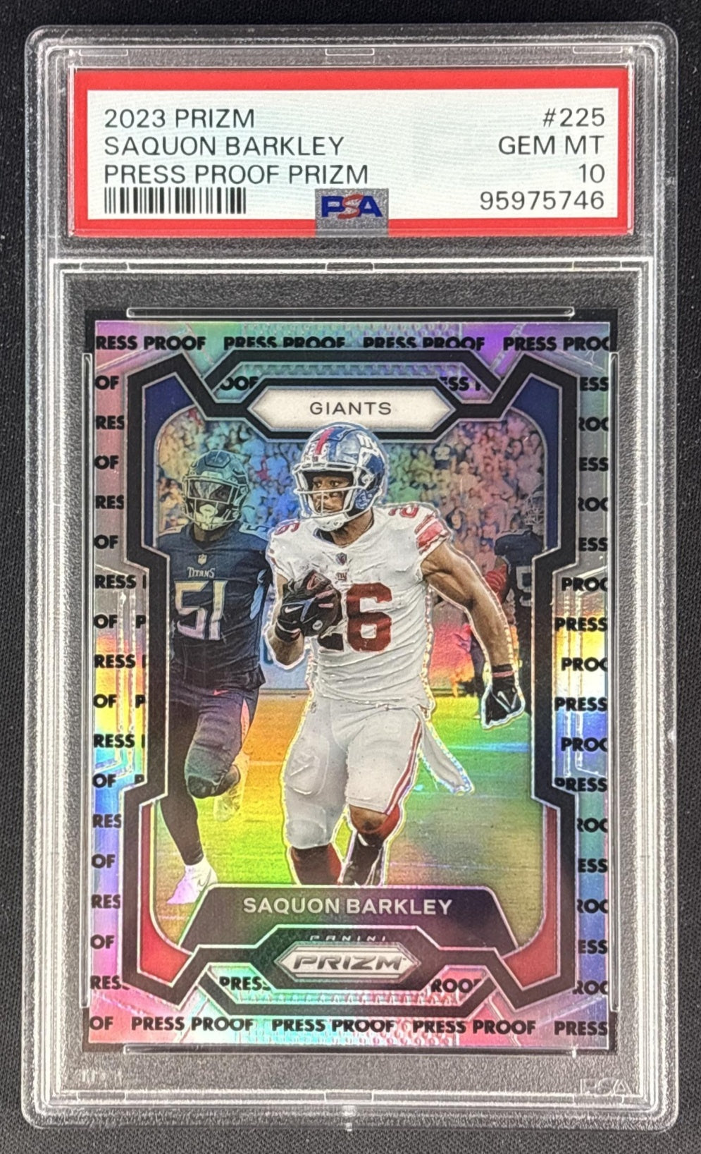 Saquon Barkley 2023 Panini Prizm Press Proof PSA 10 Giants front