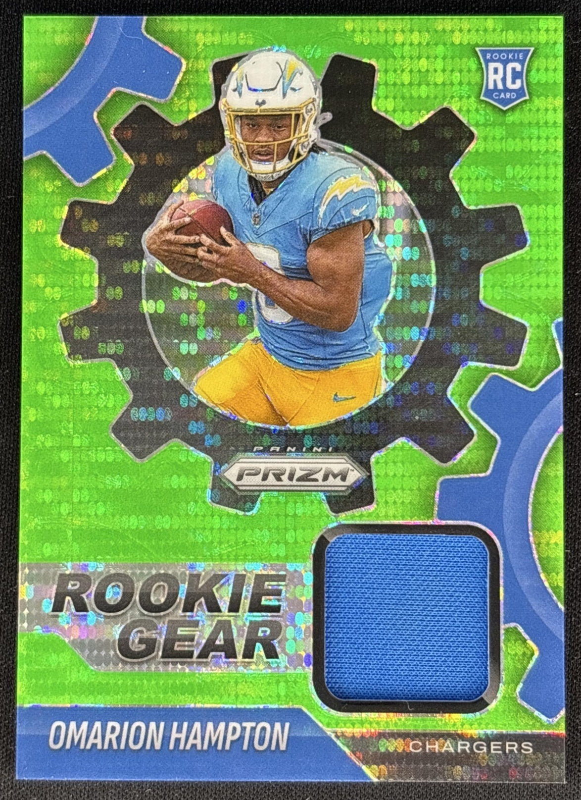 Omarion Hampton 2025 Panini Prizm Rookie Gear Neon Green Pulsar Chargers front