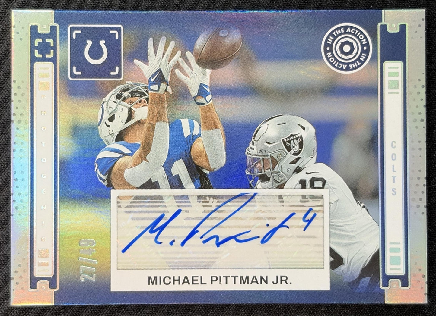 Michael Pittman Jr. 2024 Panini Photogenic In the Action Auto Silver /49 front