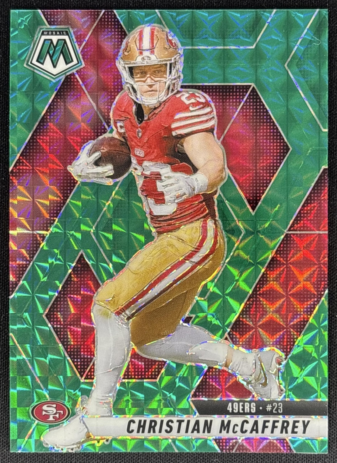 Christian McCaffrey 2025 Panini Mosaic Green Prizm 49ers Sports Trading Cards