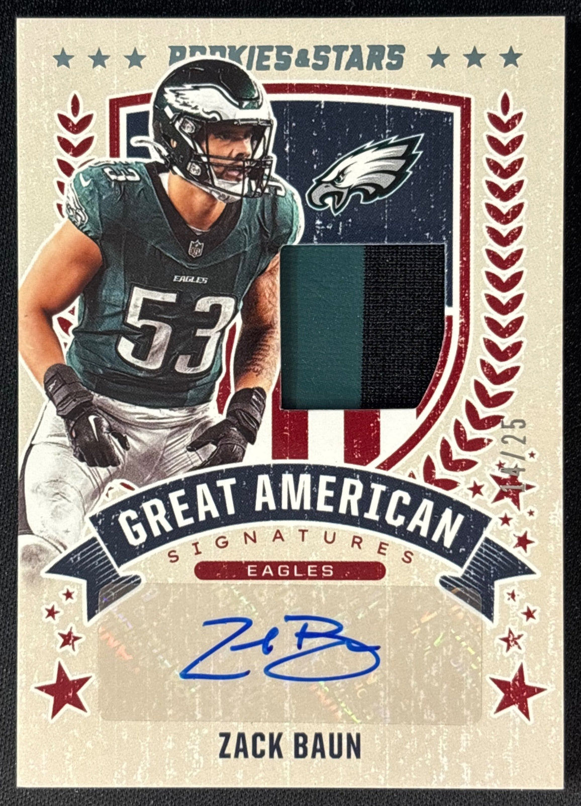 Zack Baun 2025 Rookies & Stars Great American Signatures Prime /25 Eagles