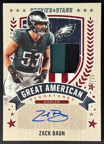 Zack Baun 2025 Rookies & Stars Great American Signatures Prime /25 Eagles