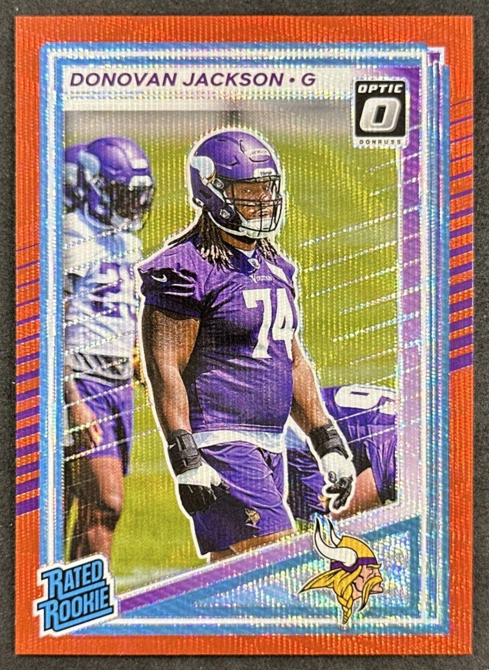 Donovan Jackson 2025 Donruss Optic Rated Rookie Preview Red Wave Vikings front sports trading card