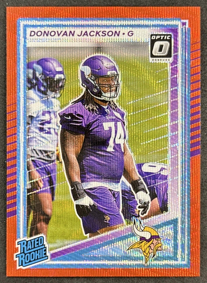 Donovan Jackson 2025 Donruss Optic Rated Rookie Preview Red Wave Vikings front sports trading card