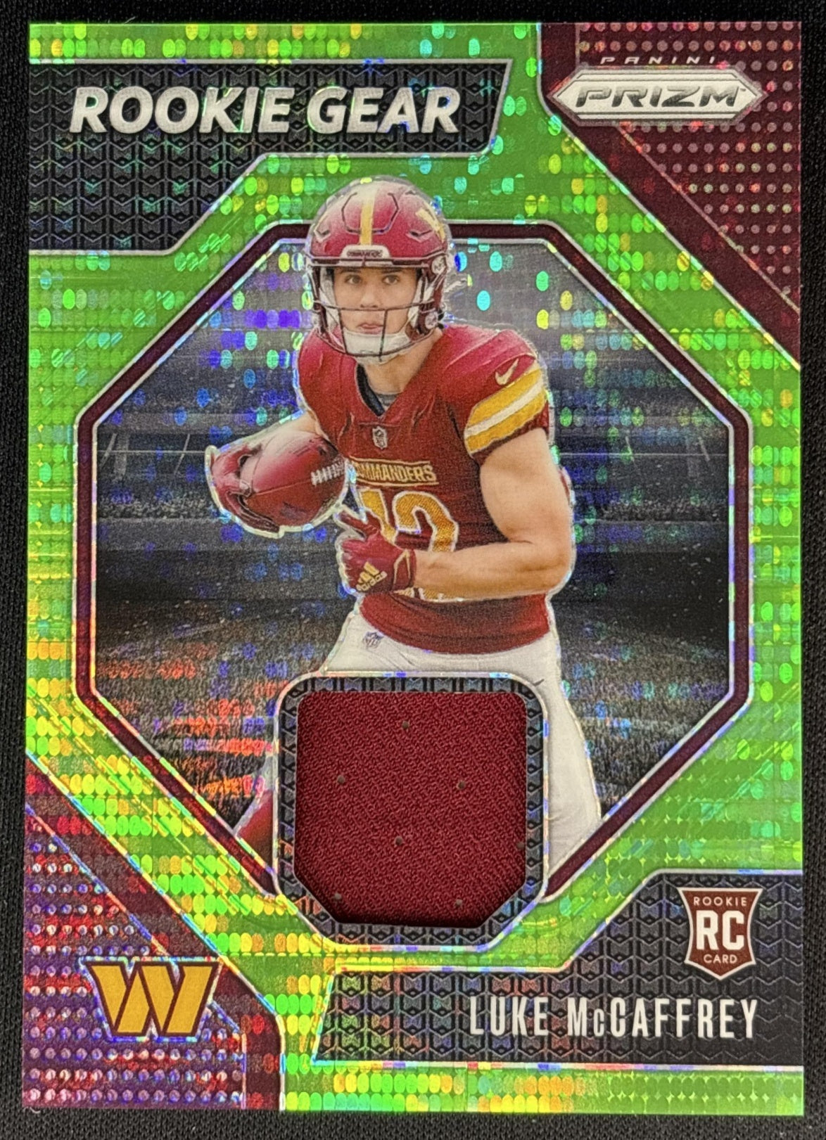 Luke McCaffrey 2024 Panini Prizm Rookie Gear Neon Green Pulsar Commanders